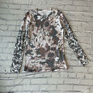 Before + Again Women’s White Grey Splatter Print Long Sleeve Crew Shirt S Top